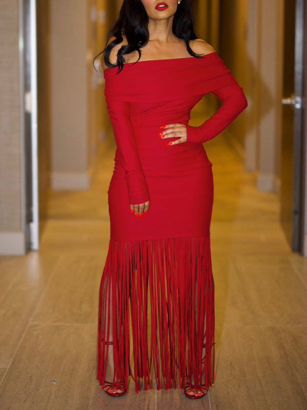 Off-Shoulder Fringe Dress – Morchique