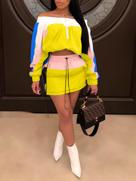 Colorblock Off-Shoulder Top & Skirt Set