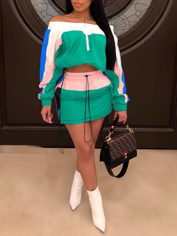 Colorblock Off-Shoulder Top & Skirt Set
