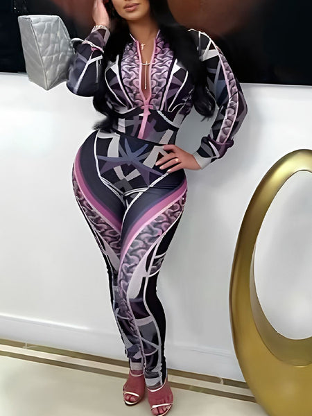 Printed Zip-Front Jacket & Pants Set