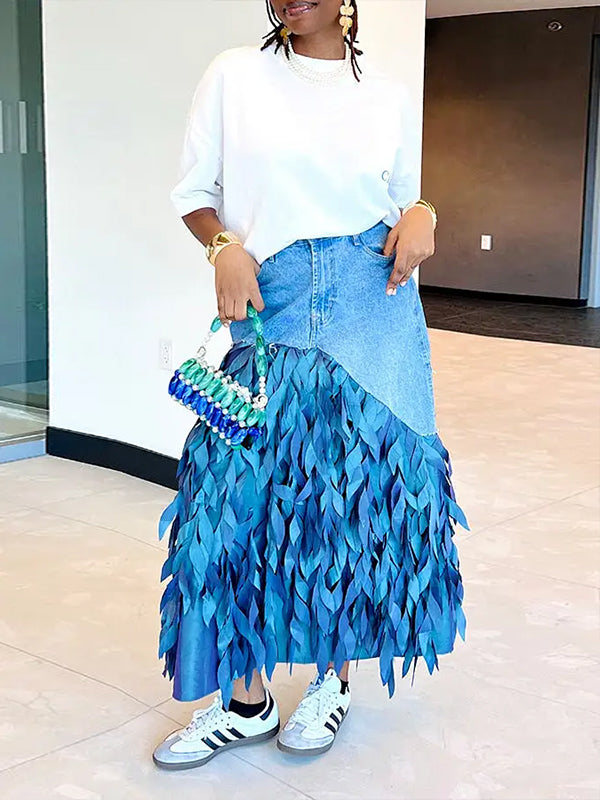 Feather Design Denim Skirt