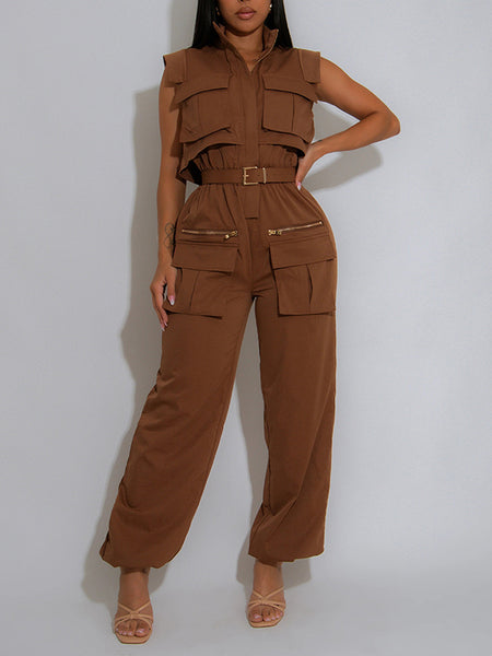 Sleeveless Belted Cargo Jumpsuit