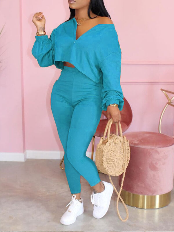 Morchique Solid Zip-Front Top & Pants Set