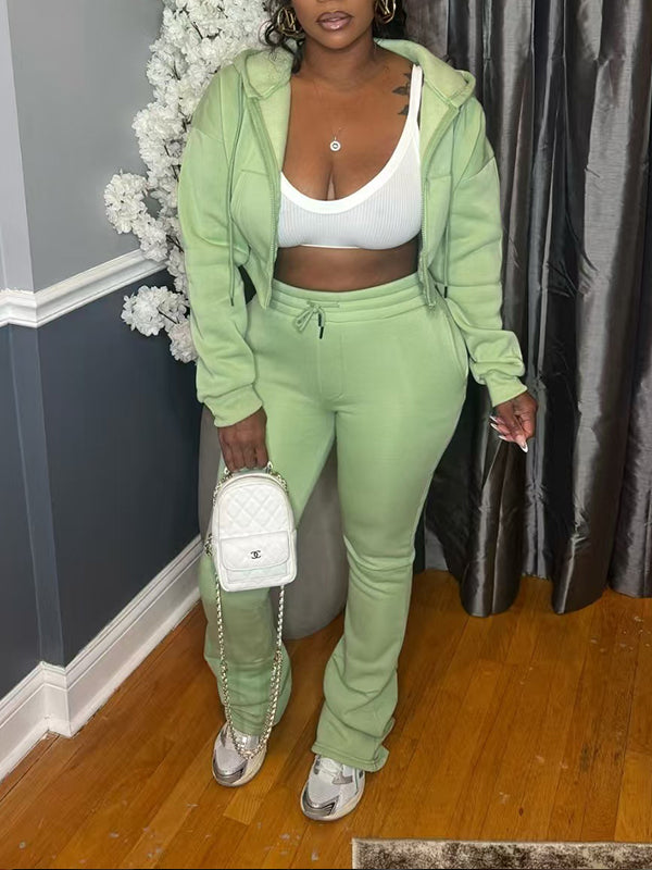 Solid Zip-Front Hoodie & Pants Set