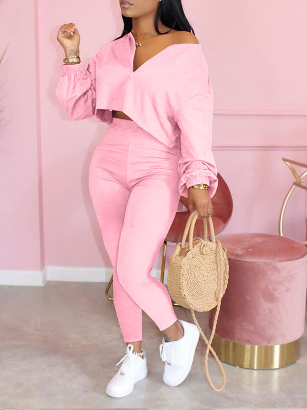 Morchique Solid Zip-Front Top & Pants Set