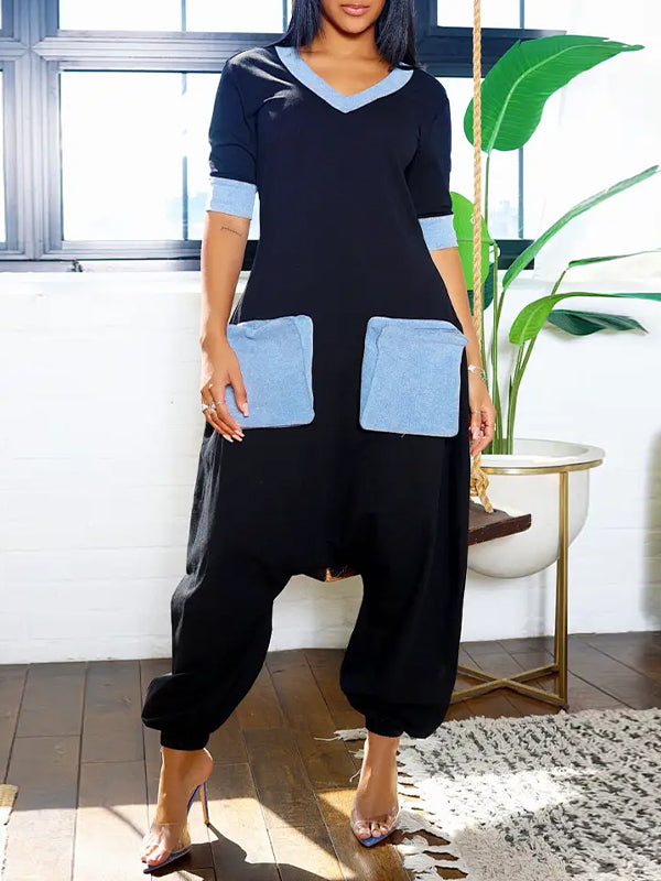 Morchique Denim-Combo V-Neck Jumpsuit