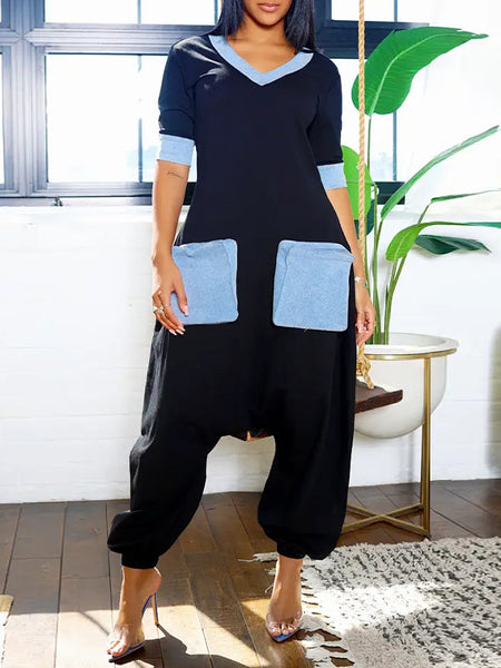 Morchique Denim-Combo V-Neck Jumpsuit