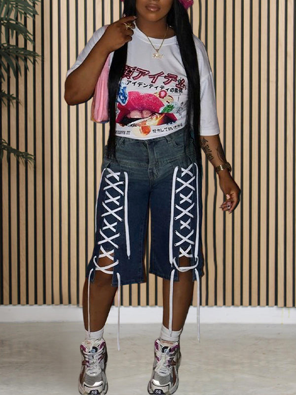 Morchique Lace Up Capris Jeans
