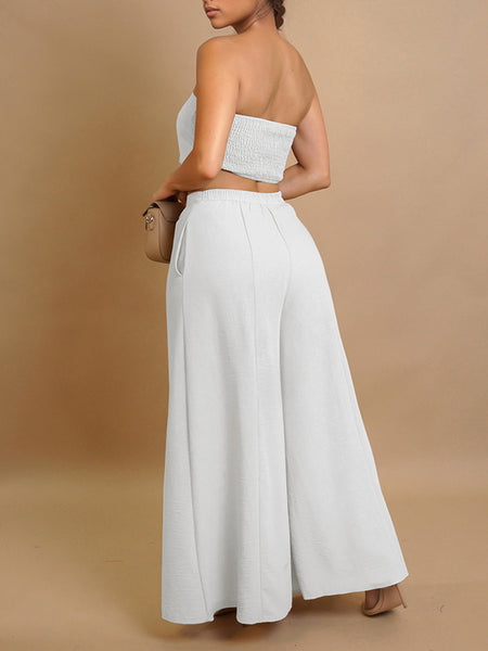 Button-Front Tube Top & Wide-Leg Pants Set