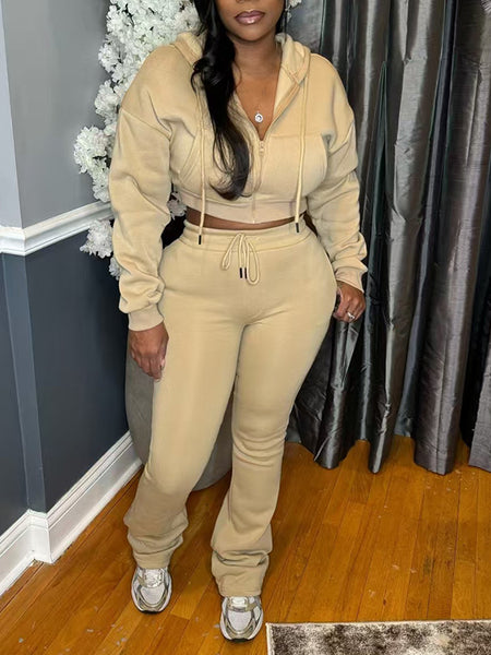 Solid Zip-Front Hoodie & Pants Set