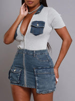 Denim-Combo Zip-Front Dress