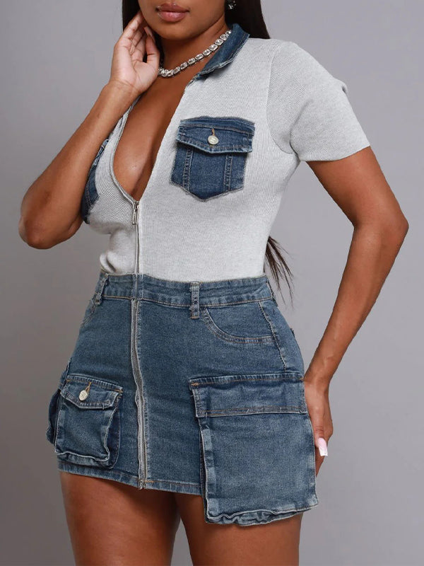 Denim-Combo Zip-Front Dress