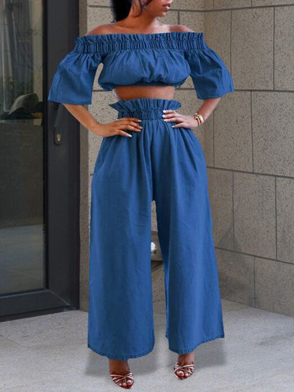 Morchique Denim Off-Shoulder Crop Top & Pants Set