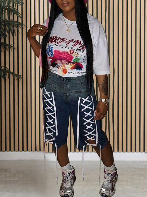 Morchique Lace Up Capris Jeans