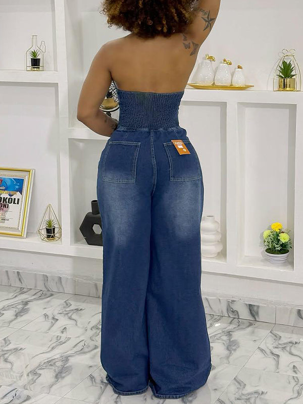 Halter Wide-Leg Denim Jumpsuit