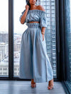 Morchique Denim Off-Shoulder Crop Top & Pants Set