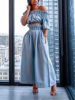 Morchique Denim Off-Shoulder Crop Top & Pants Set