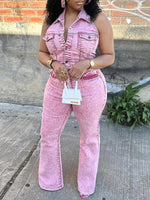 Button-Front Halter Denim Jumpsuit