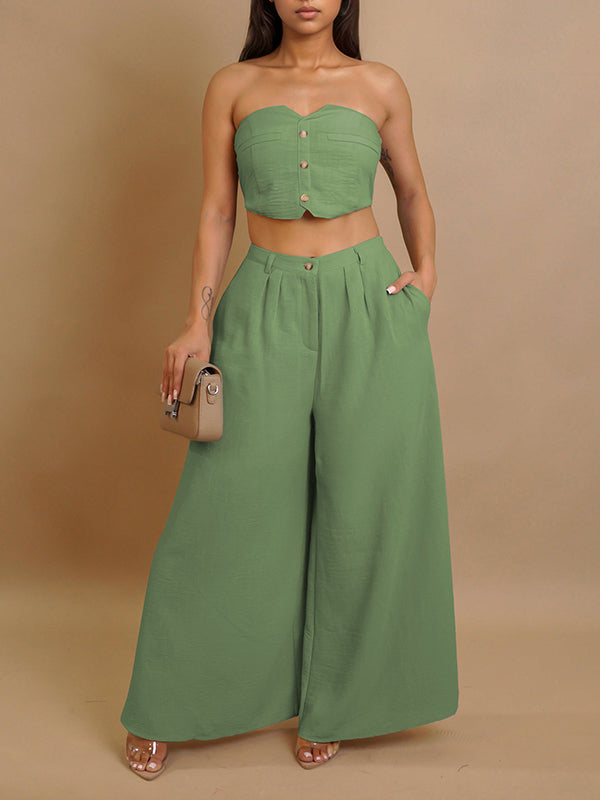 Button-Front Tube Top & Wide-Leg Pants Set