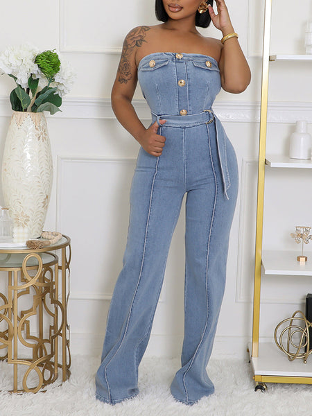 Strapless Button Denim Jumpsuit