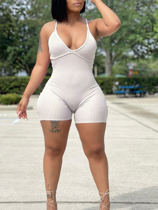 Solid Ribbed Cami Romper