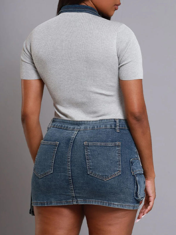 Denim-Combo Zip-Front Dress