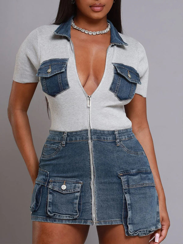 Denim-Combo Zip-Front Dress