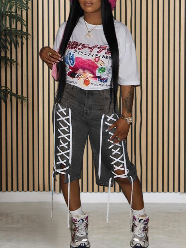 Morchique Lace Up Capris Jeans