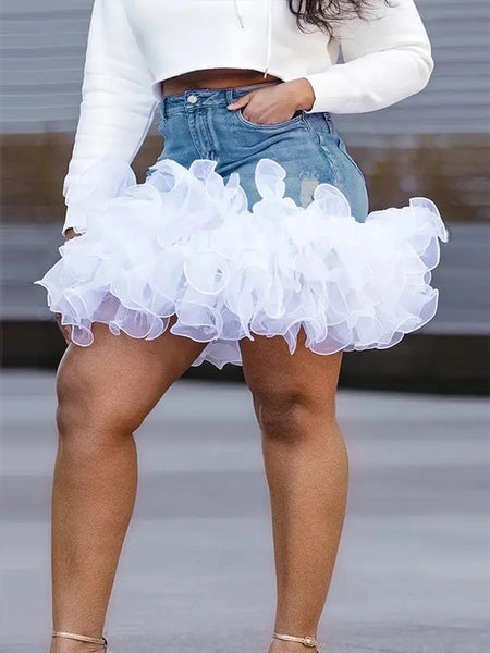 Ruffle Combo Denim Skirt