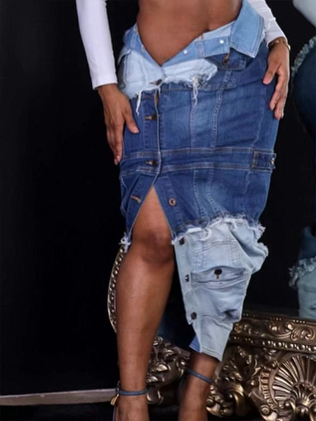 Morchique Asymmetric Button Denim Skirt