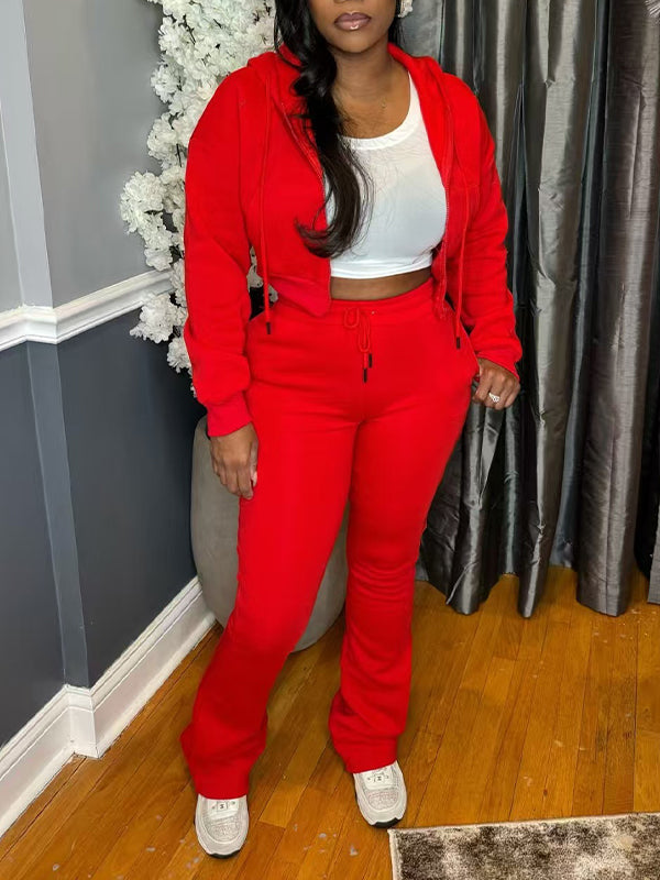 Solid Zip-Front Hoodie & Pants Set