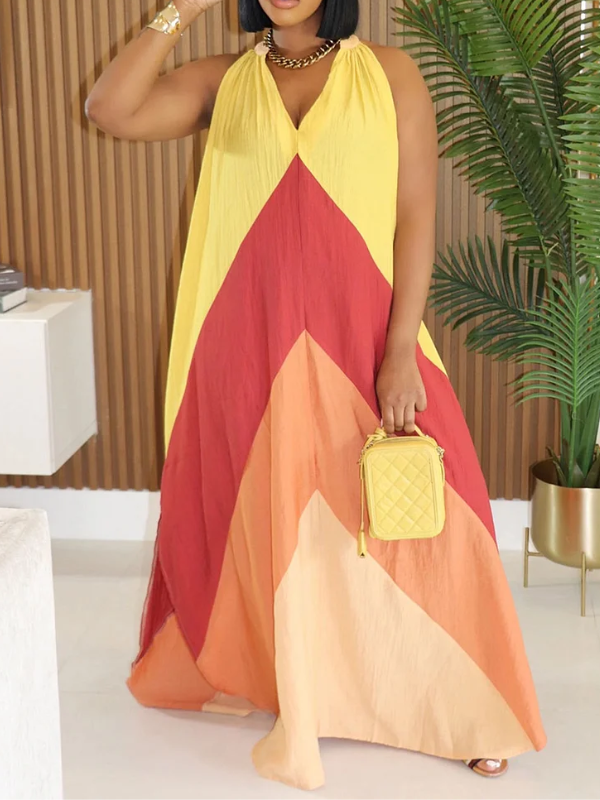 Colorblock V Neck  Maxi Dresses