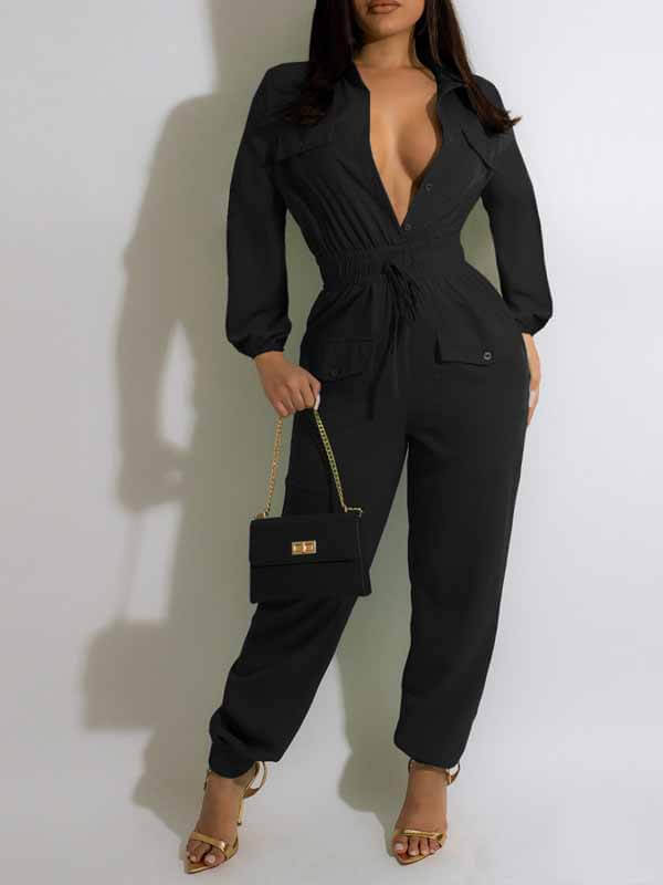 Button-Front Cargo Jumpsuit