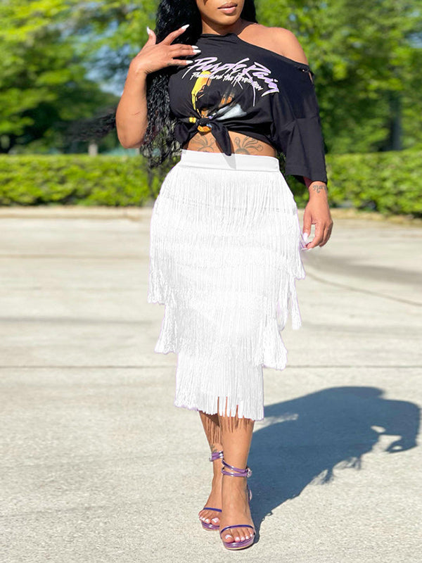 Printed Tee & Fringe Skirt Set