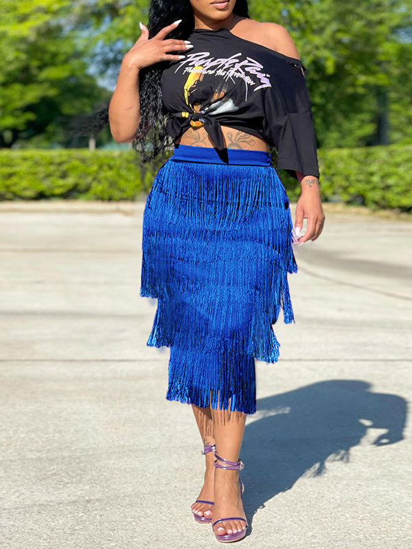 Printed Tee & Fringe Skirt Set