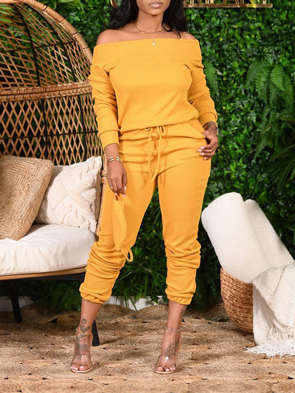 Morchique Solid Off-Shoulder Top & Jogger Pants Set