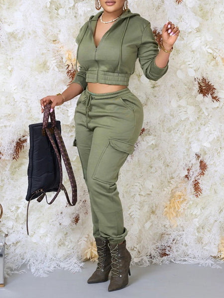 Solid Zip-Front Hoodie & Pants Set