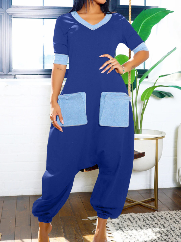 Morchique Denim-Combo V-Neck Jumpsuit