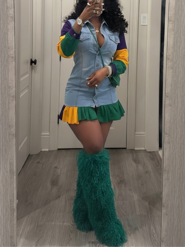 Denim Combo Ruffle Dress