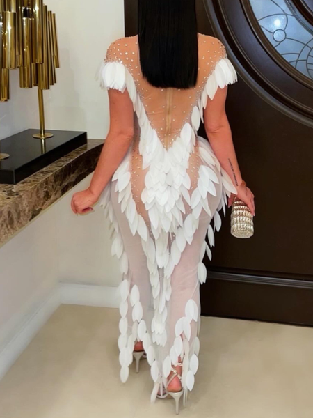 Studded Swan-Elegance Maxi Dress