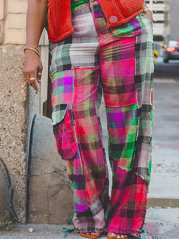 Plaid Color Blocked Straight Leg Pants