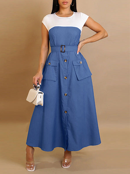 Denim Combo Belted Dress