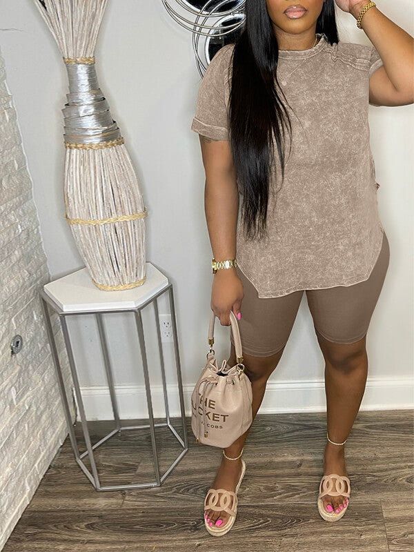 Printed Slit Tee & Biker Shorts Set
