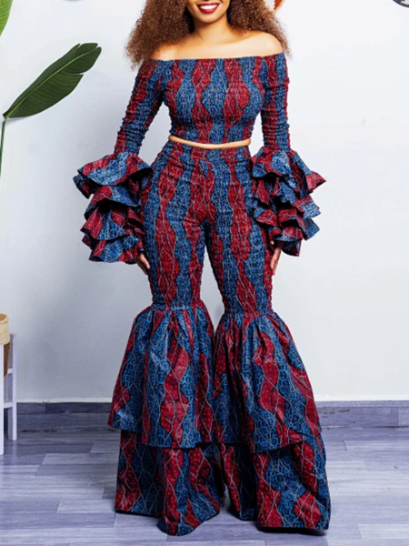 Printed Off-Shoulder Crop Top & Bell Pants