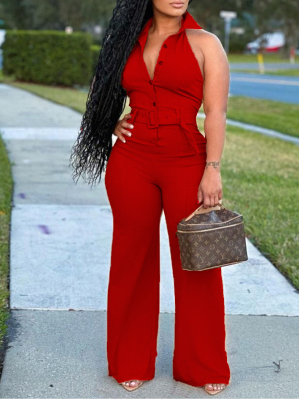 Button-Front Halter Jumpsuit