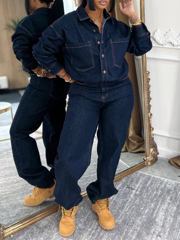 Button-Front Denim Jumpsuit