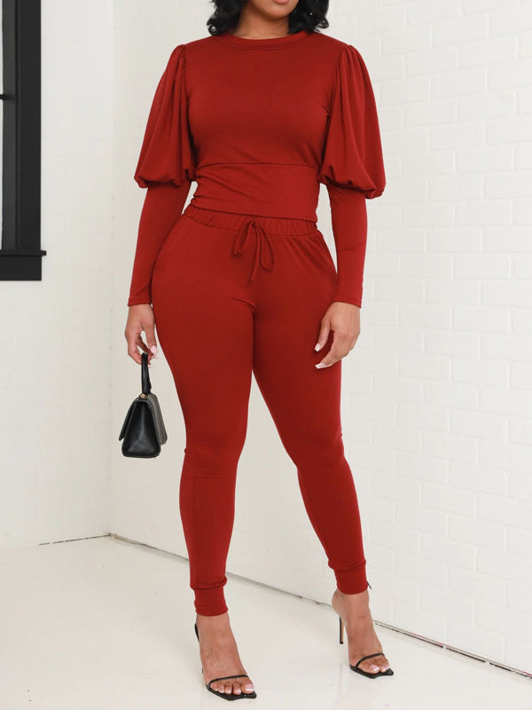 Morchique Solid Bishop-Sleeve Top & Pants Set