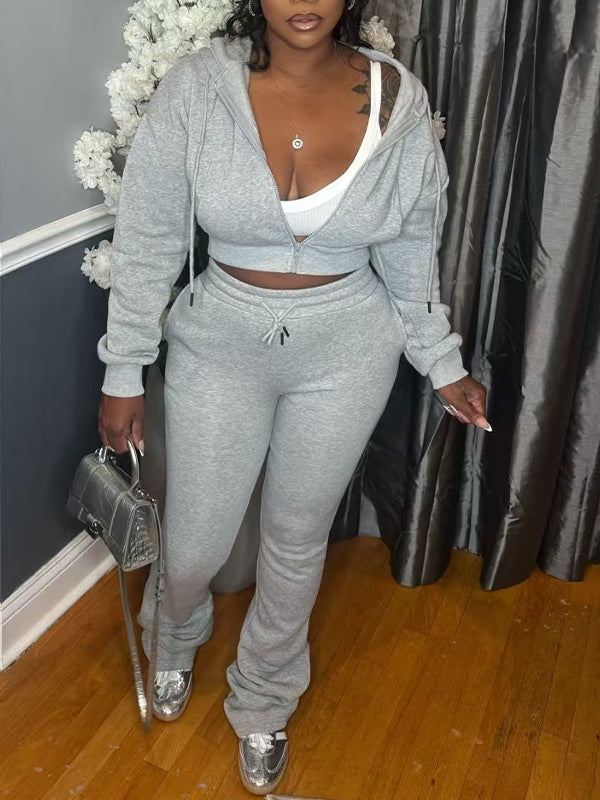 Solid Zip-Front Hoodie & Pants Set