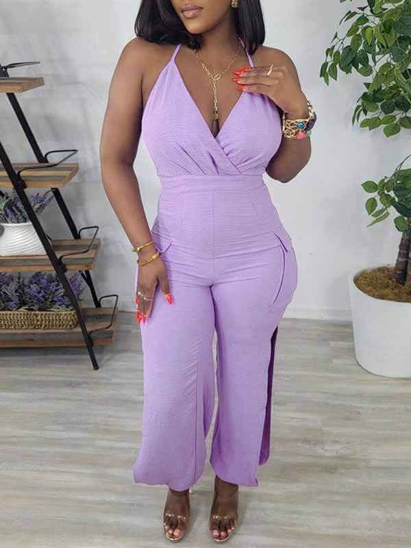 Morchique Solid Halter Slit Jumpsuit