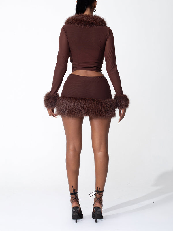 Faux-Fur Combo Jacket & Skirt Set